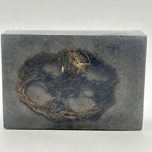 side view of this savage fragrance loofah soap bar infused with shimmering grey mica by the blooming butterfly company