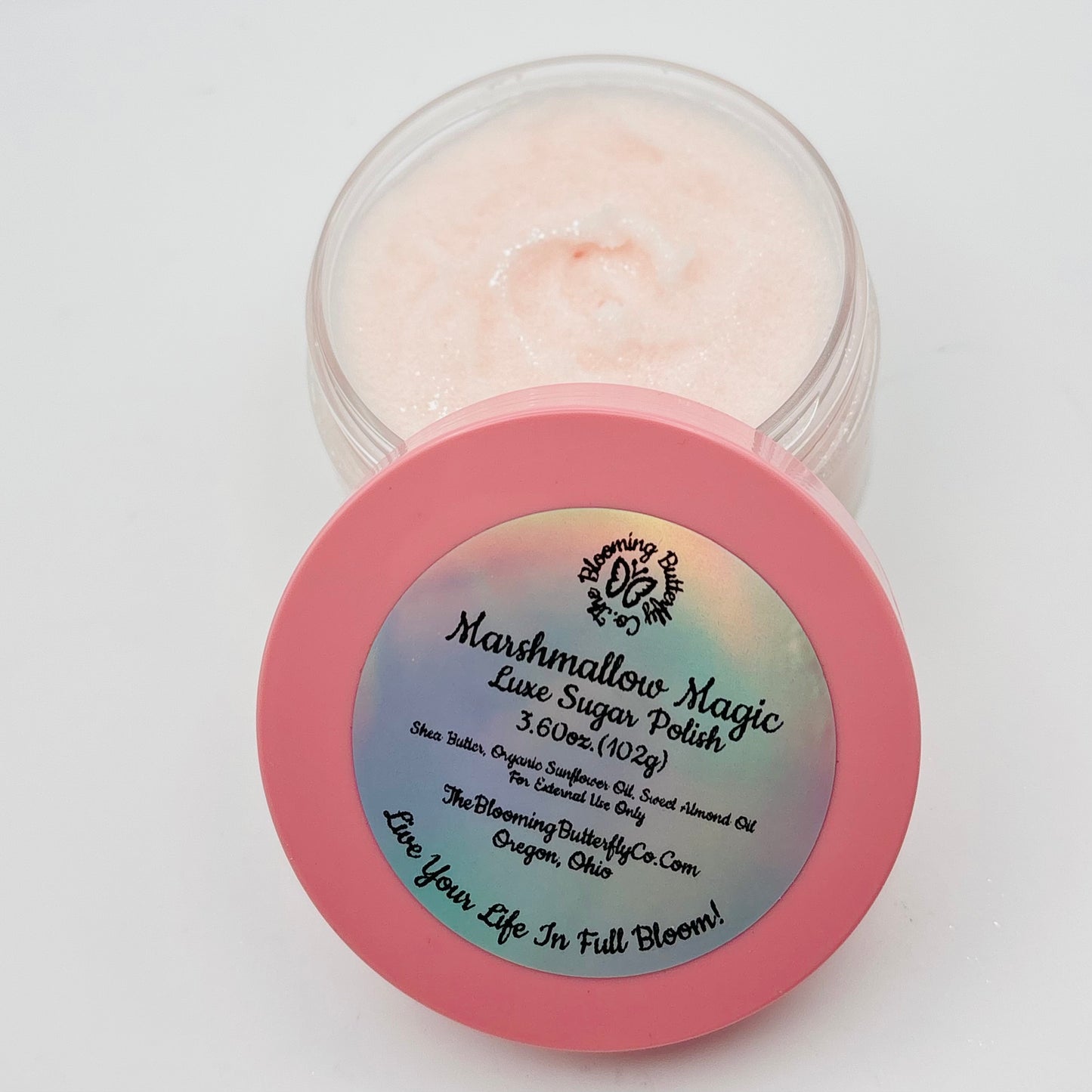 Jar of Marshmallow Magic Luxe Sugar Polish with pink lid on a white Background handcrafted by the blooming butterfly company