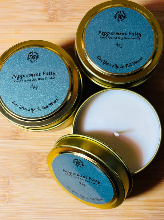 Invigorating, bold peppermint patty soy wax candles in gold 4oz. tin container