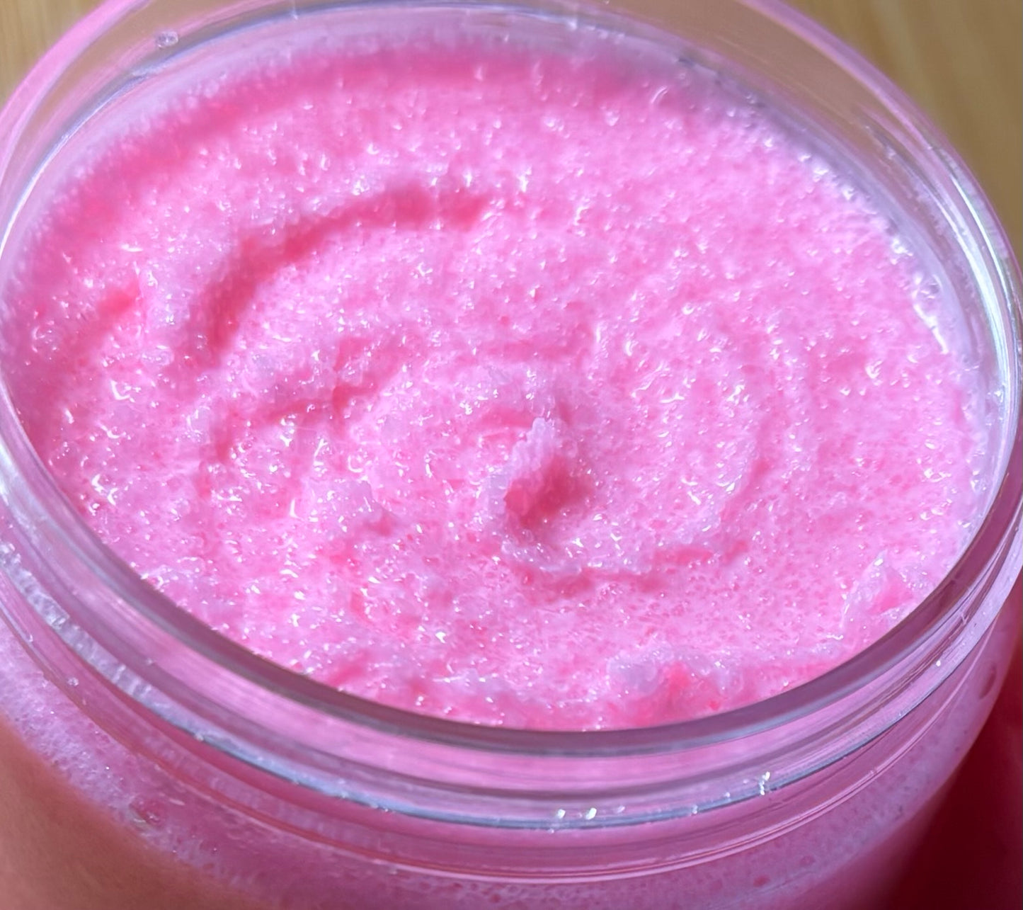 Yummy Fruity Bubblelicious fragrance sugar scrub colored with bright pink shimmering mica