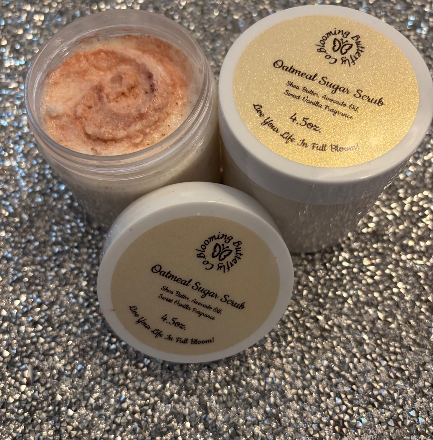 Oatmeal sugar scrub with shimmering bronze color and added oils to nourish and smooth your skin