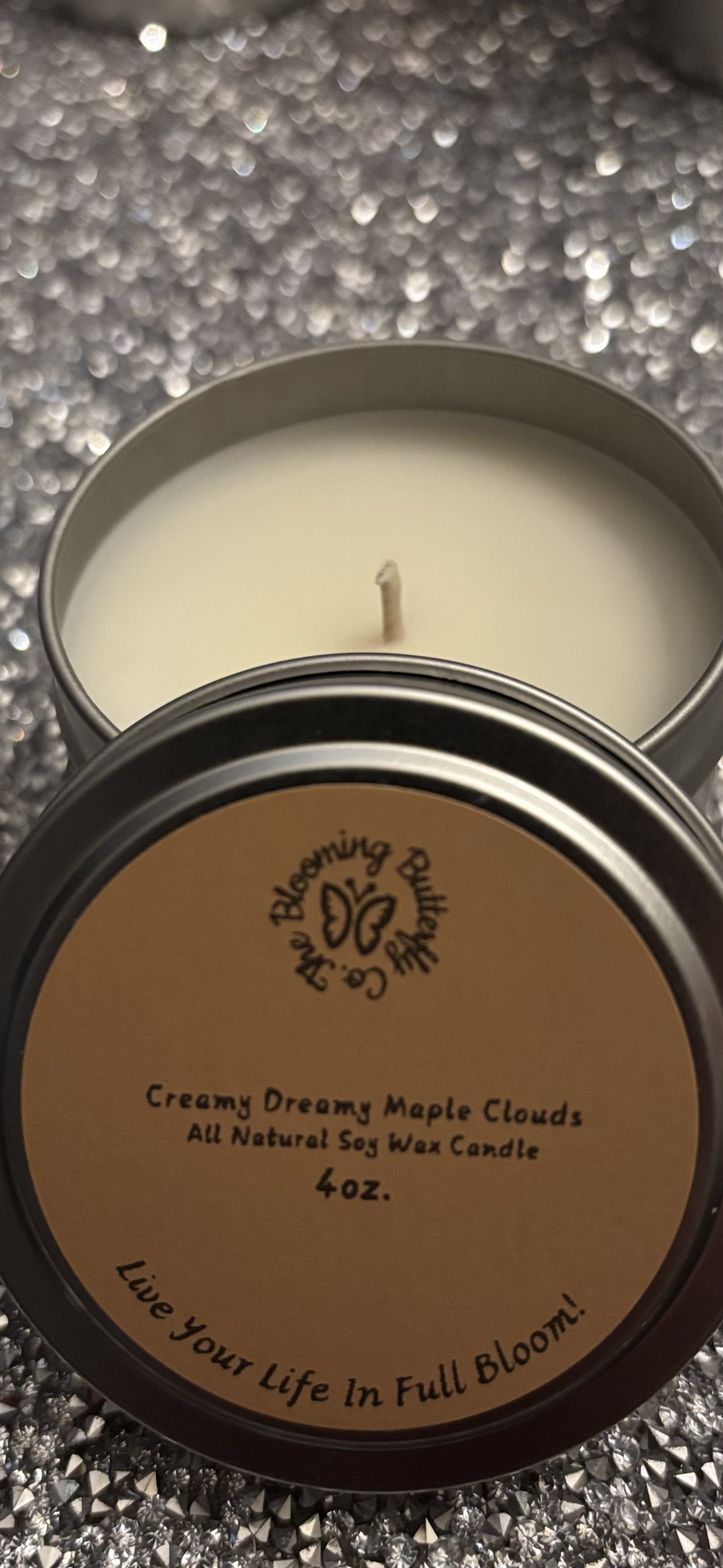 Maple fragranced soy wax candle in decorative 4oz. tin
