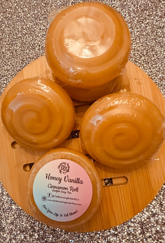Honey vanilla fragrance, cinnamon roll loofah soap bar with golden shimmer by The Blooming Butterfly Co