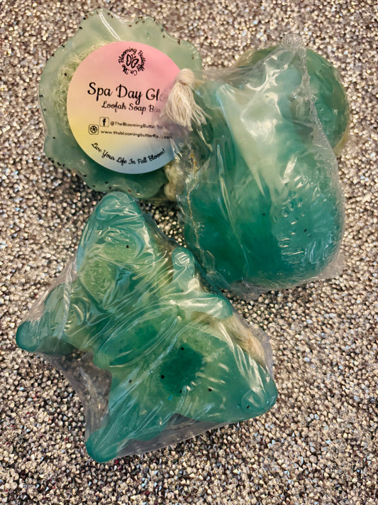 Fruity, fun spa day fragrance loofah soap bars on a string