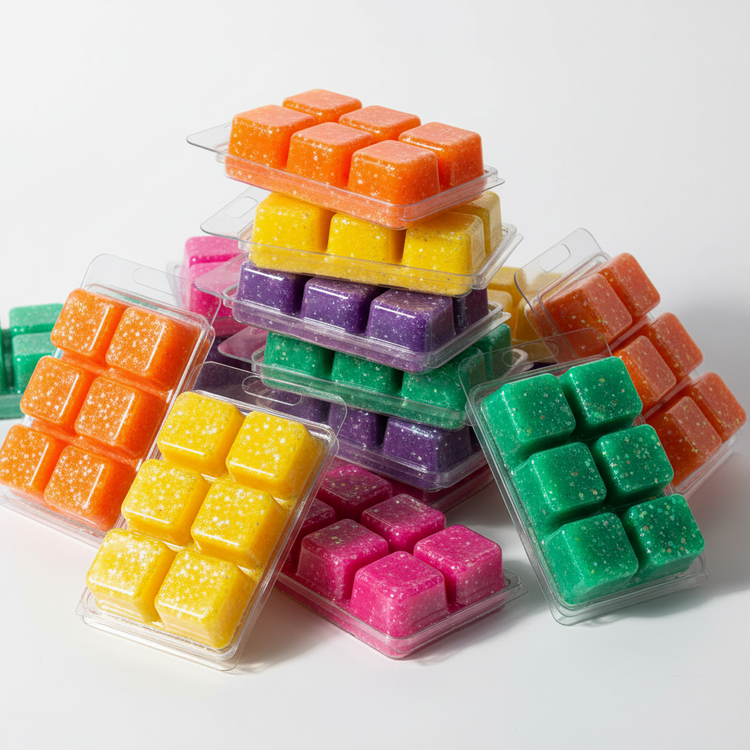 Stacks of shimmering soy wax melts in different colors in clamshells