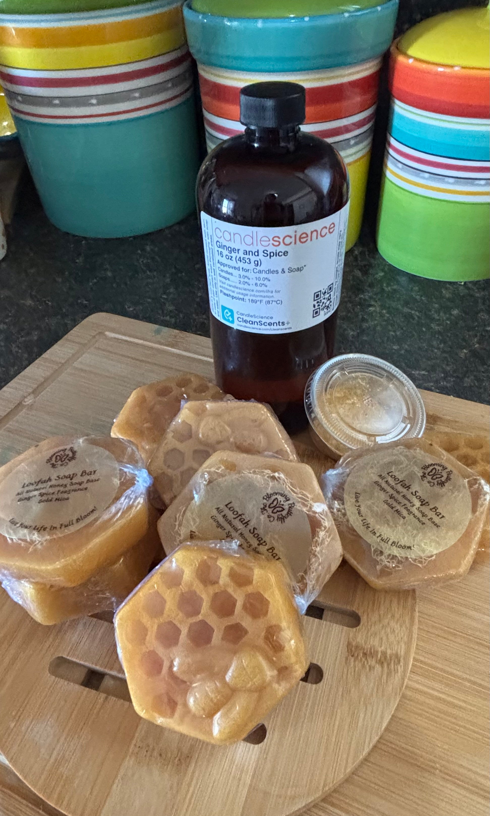 Honeybee shaped loofah soap bars infused with ginger spice fragrance and a touch of gold shimmer.