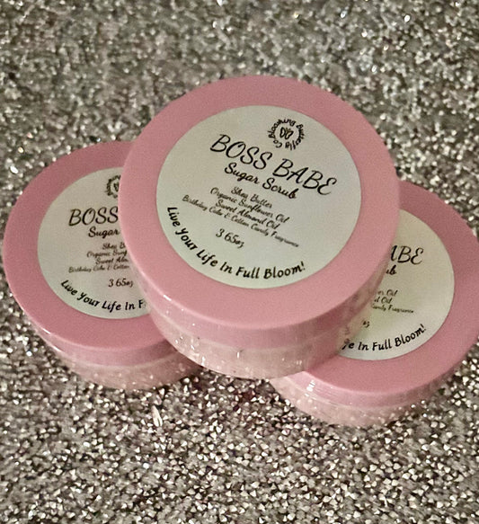 Cotton candy, birthday cake fragrance blend sugar scrub in clear jar with pink lid by The Blooming Butterfly Co