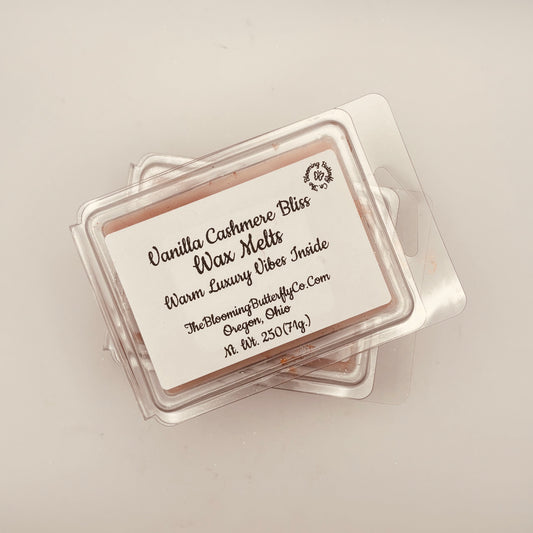 Vanilla Cashmere Bliss wax melts packaging on a light background handcrafted by the blooming butterfly company