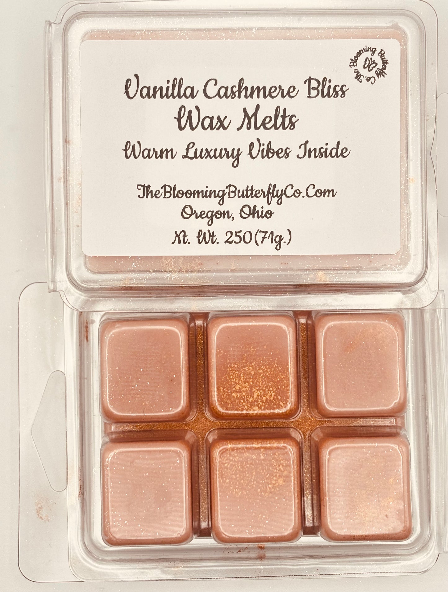 Vanilla Cashmere Bliss wax melts in a packaging handcrafted by the blooming butterfly Company