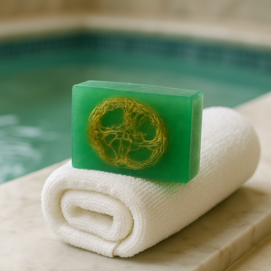  green loofah soap bar scented with a day at the spa fragrance oil sitting by a towel and jacuzzi by the blooming butterfly company