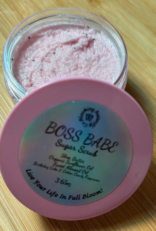 Cotton candy, birthday cake fragrance blend sugar scrub in clear jar with pink lid by The Blooming Butterfly Co