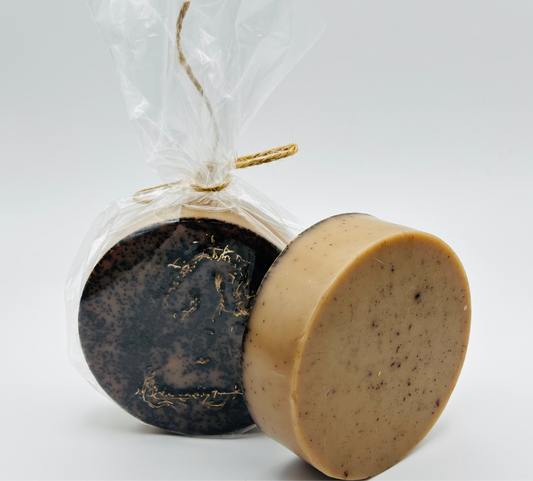 Two bars of Expresso loofah soap bars made with goat milk soap handcrafted by the blooming butterfly company