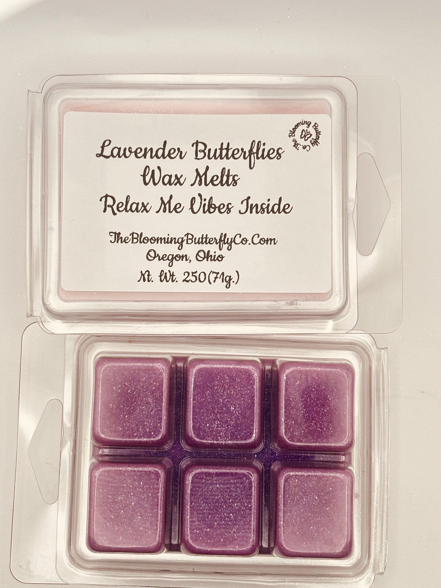 Packaged lavender wax melts with branding and product details handcrafted by the blooming butterfly company