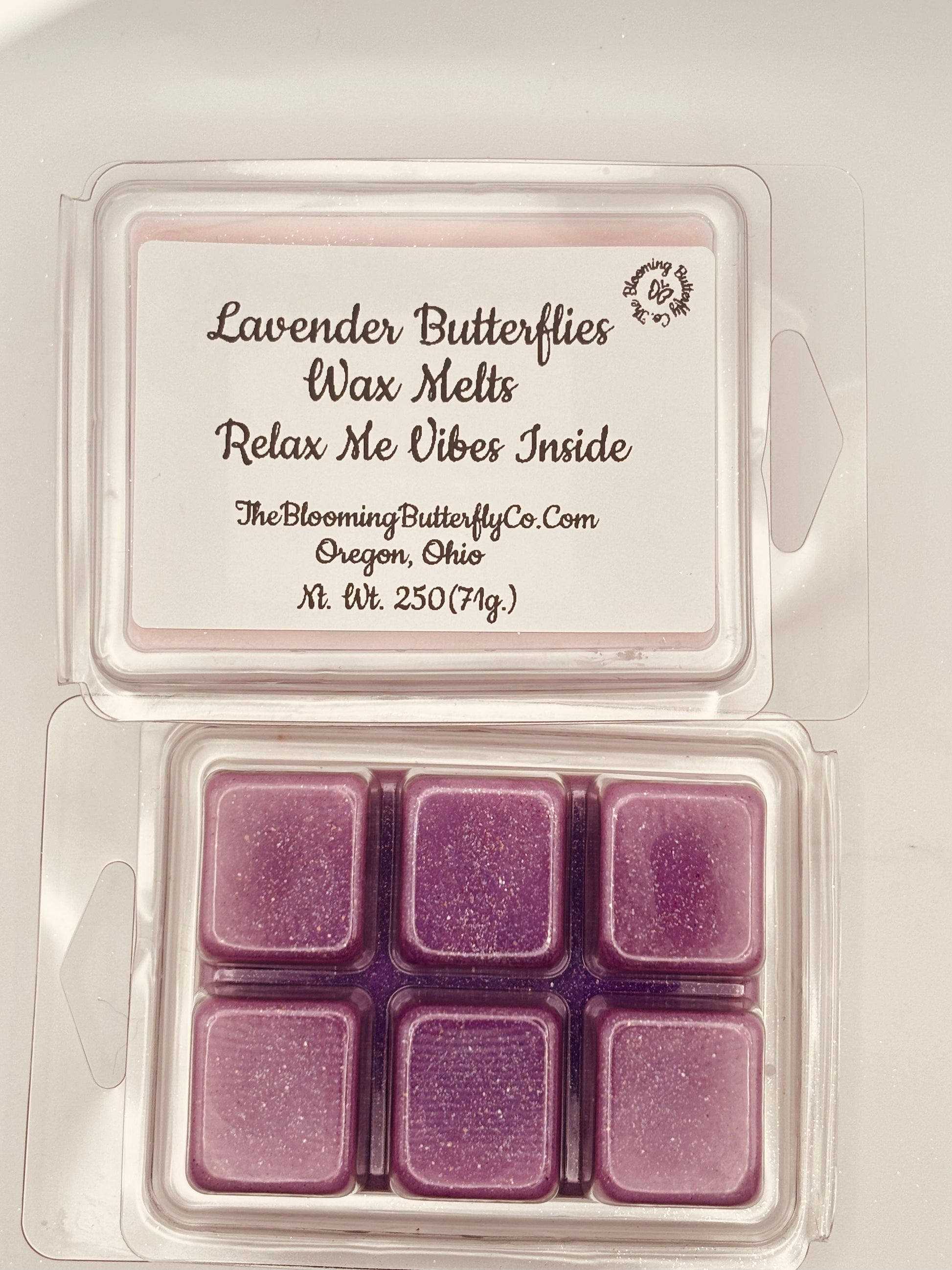 Packaged lavender wax melts with branding and product details handcrafted by the blooming butterfly company