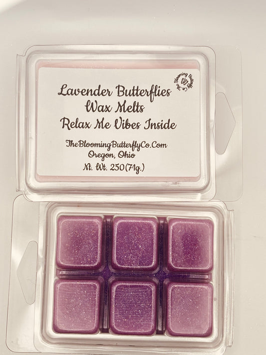Packaged lavender wax melts with branding and product details handcrafted by the blooming butterfly company