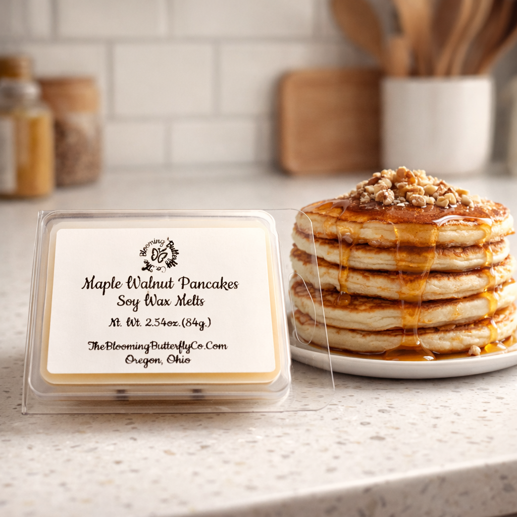 Maple Walnut Pancakes soy wax melts with a stack of pancakes on a plate in a kitchen setting.