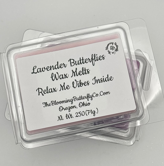 Lavender butterflies wax melts with product label and packaged in a six piece, clamshell handmade by the blooming butterfly Company
