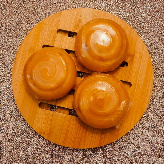 Honey vanilla fragrance, cinnamon roll loofah soap bar with golden shimmer by The Blooming Butterfly Co