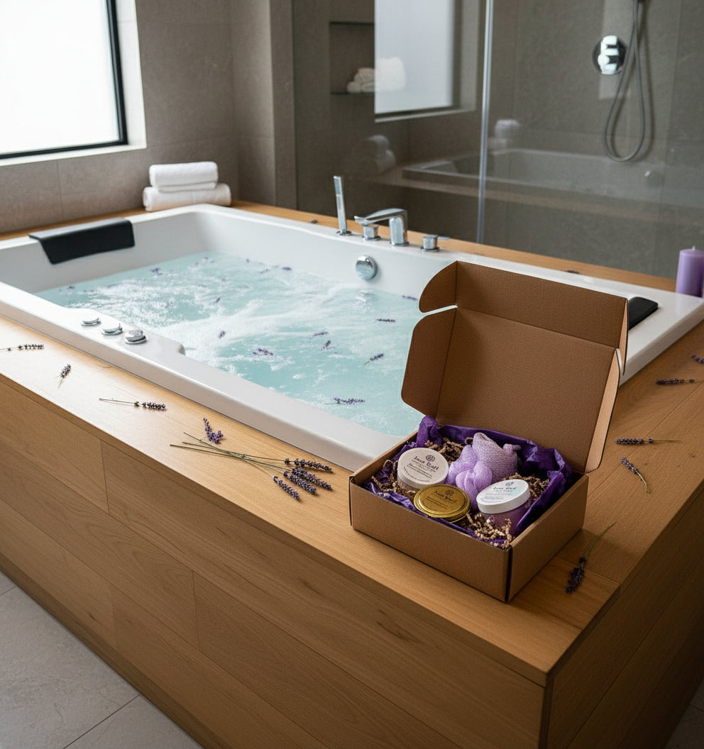 love spell gift set with bath gloves, or bath puff, and love spell sugar scrub, candle, and body polish