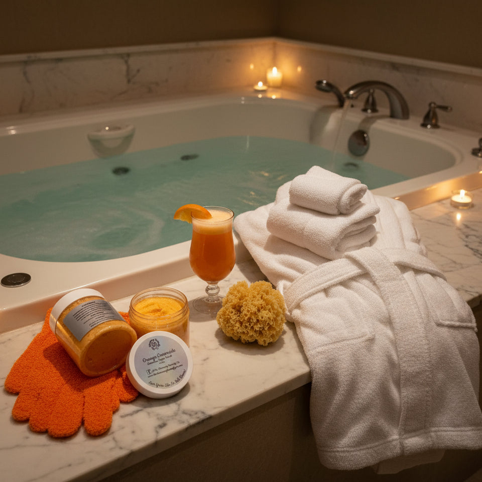 creamy orange creamsicle sugar scrub with poppy seeds in spa setting