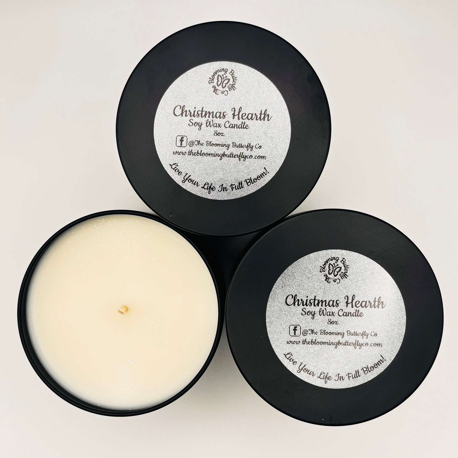 christmas hearth soy wax candles in 8oz. tins