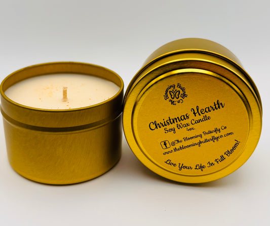 Christmas Hearth candle in 4oz gold tin 