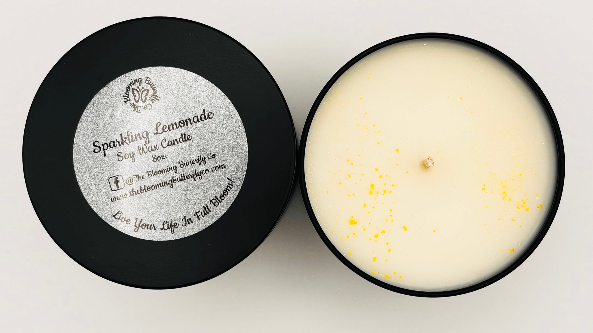 Sparkling Lemonade soy wax candle sprinkled with yellow glittery mica in 8oz. black tin vessel