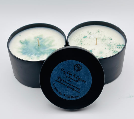 dry cypress and gin candle in black tin