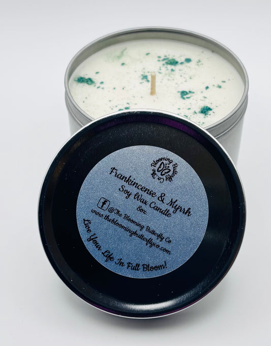 frakincense & Myrrh candle in 8oz. silver tin
