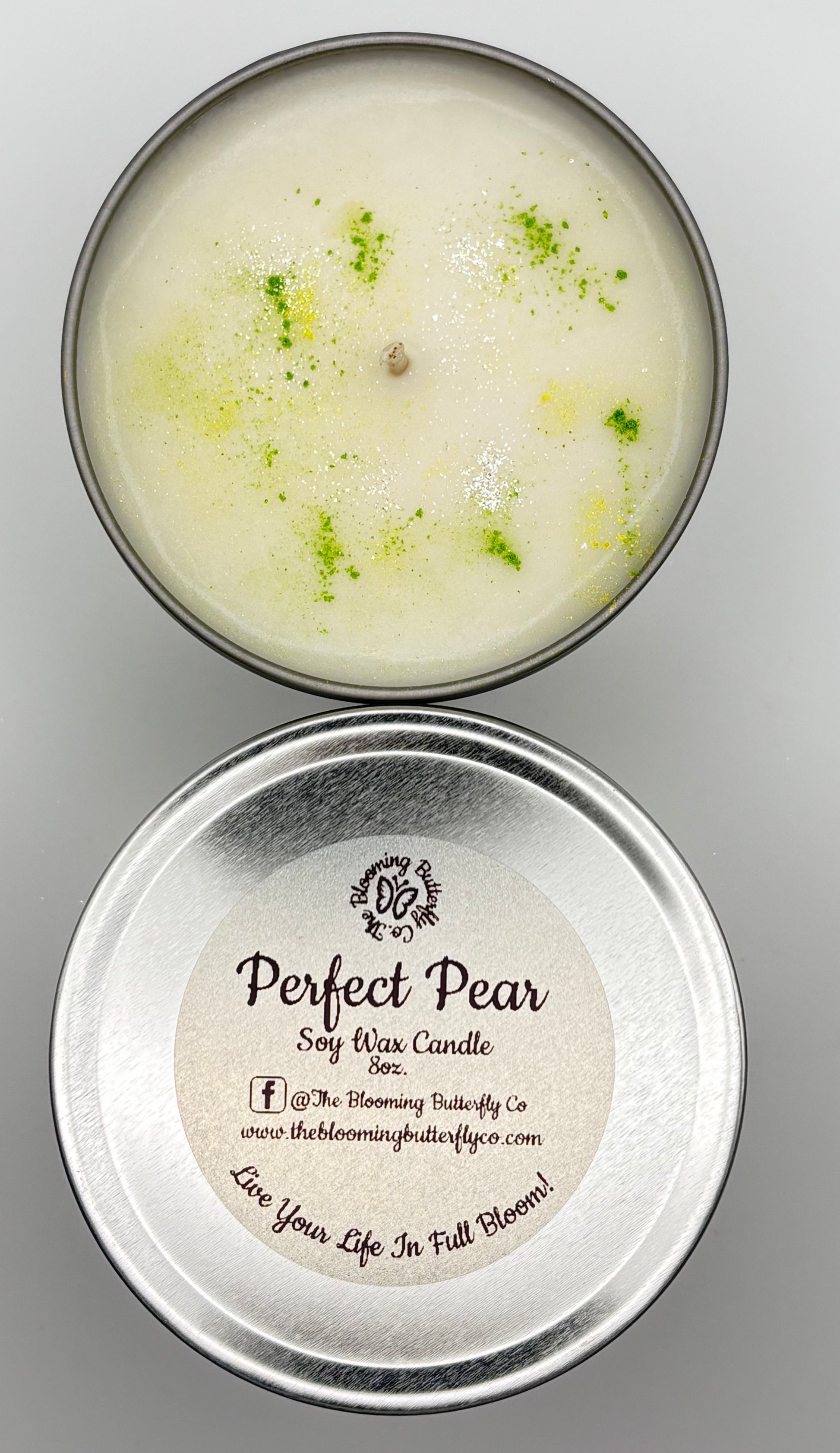 perfect pear candle in oz. tin with mica