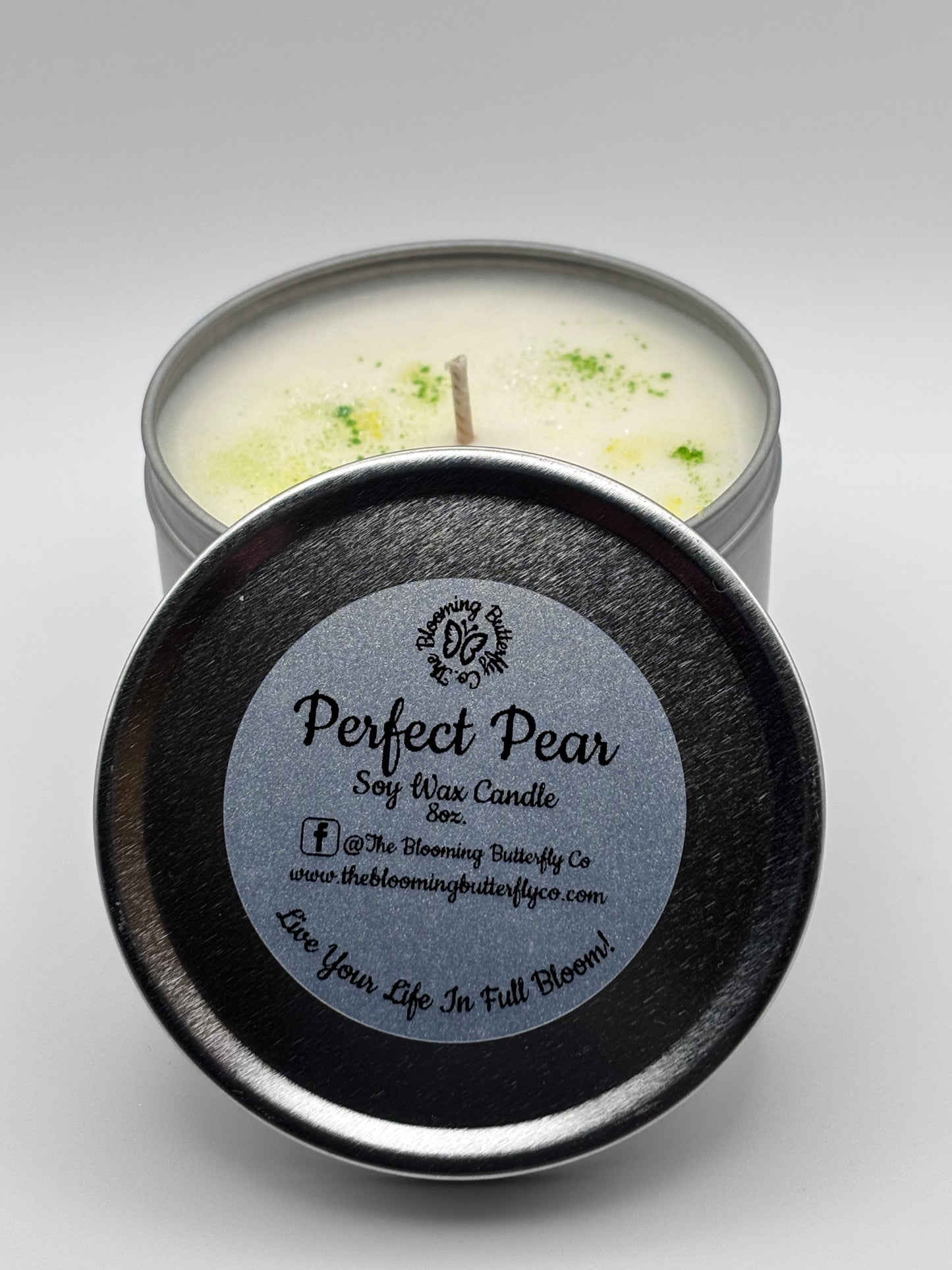 perfect pear candle in 8oz silver tin
