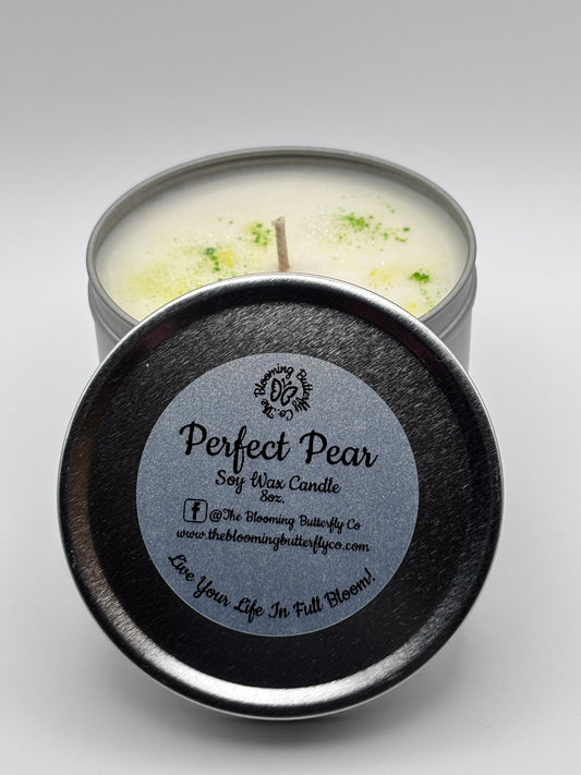 perfect pear candle in 8oz silver tin
