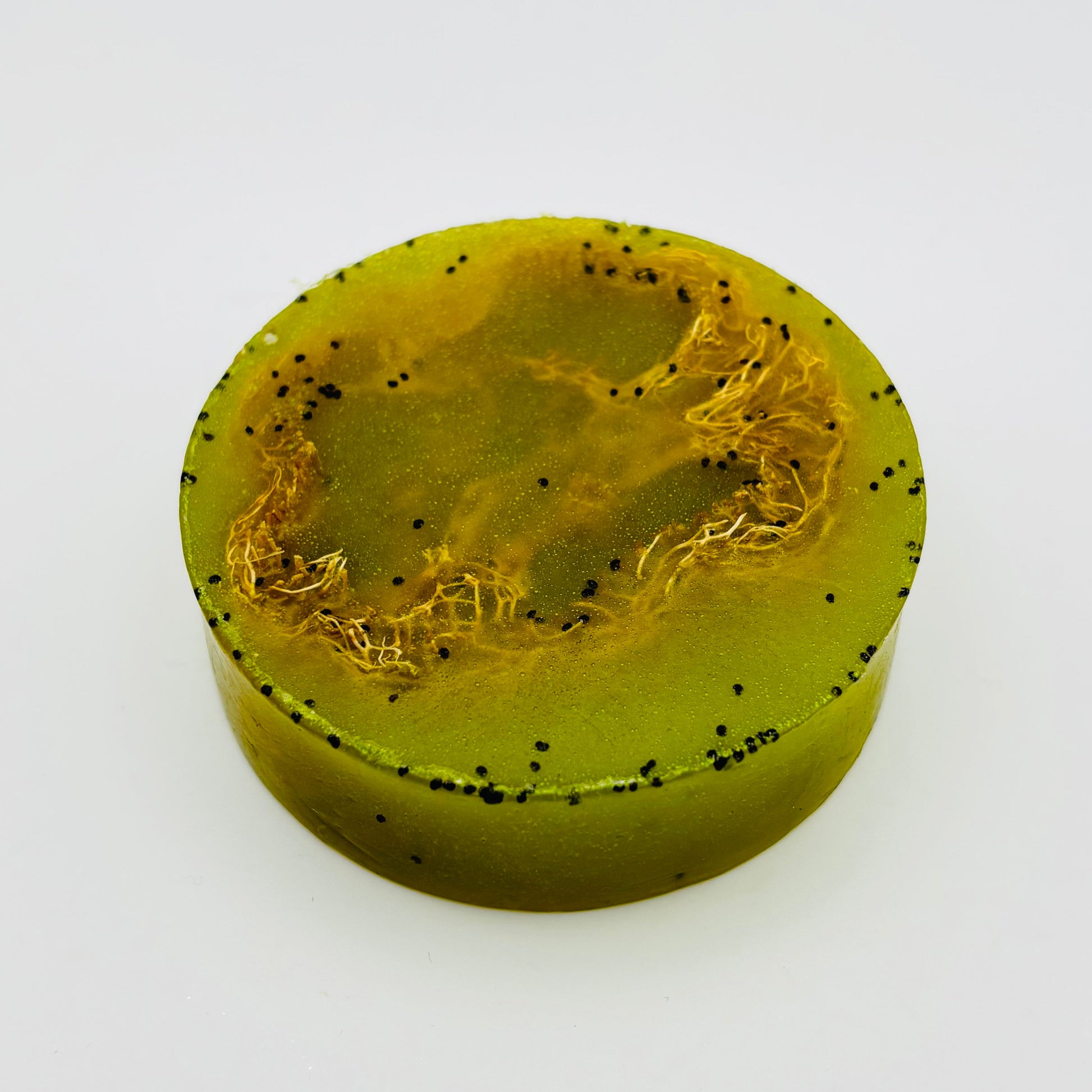 strawberry guava loofah soap bar with poppy seeds and shimmering green mica by the blooming butterfly company