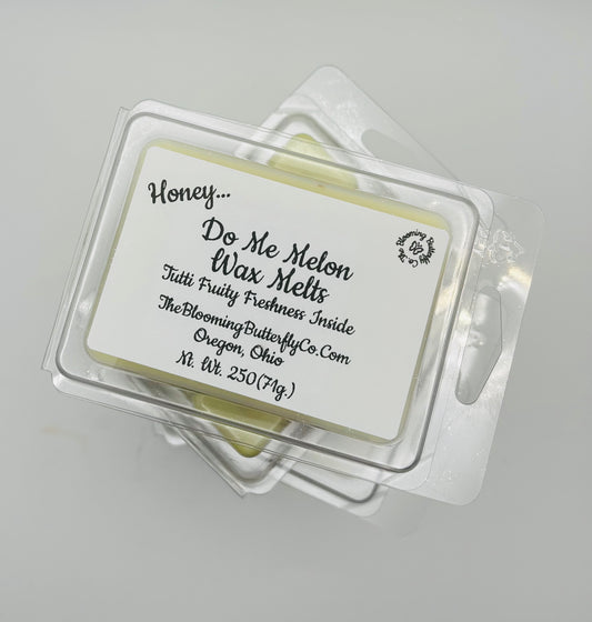 fruity shimmering Honey Do Me Melon wax melts packaging with label   handpoured in a 6 count clamshell made by the blooming butterfly company