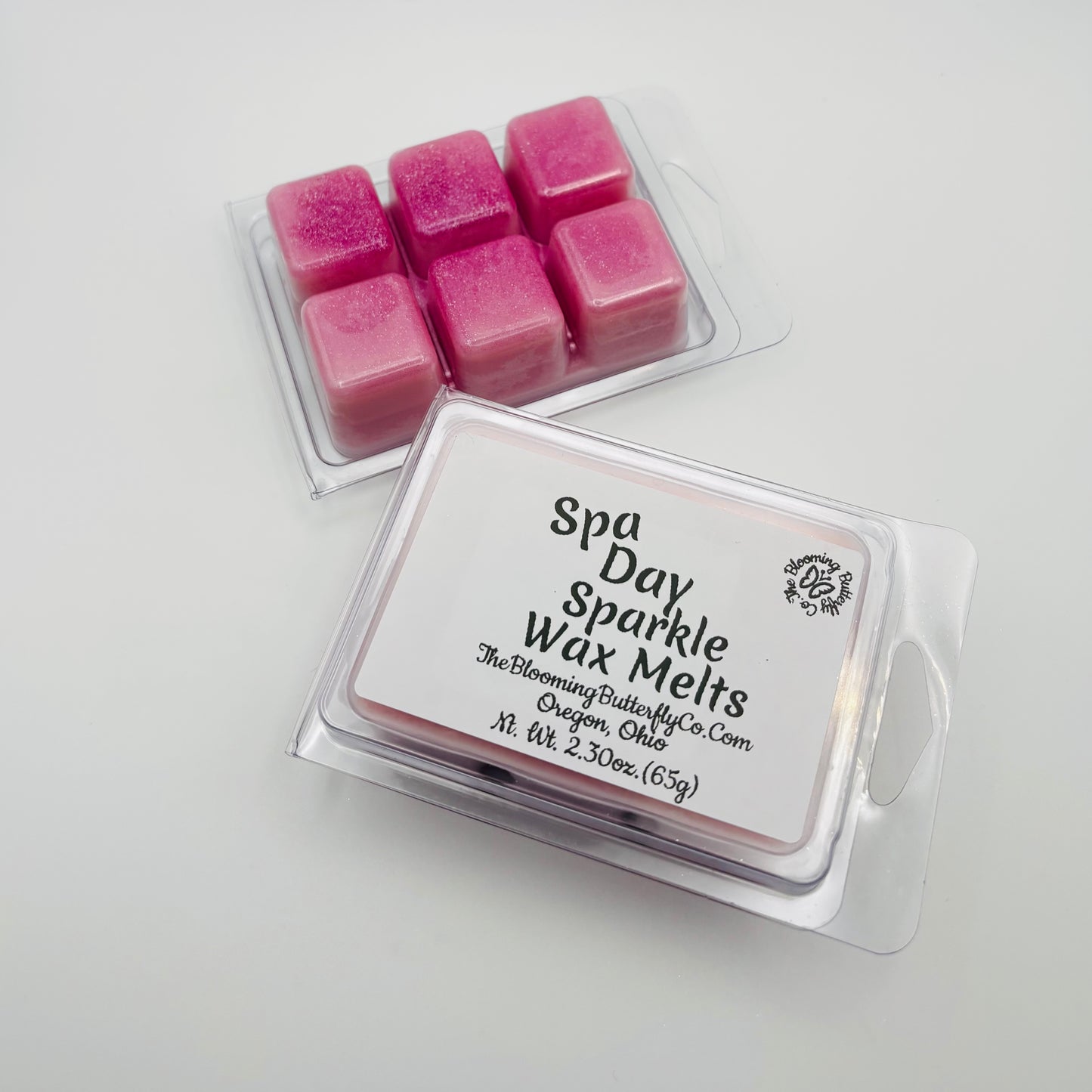 Spa day sparkle wax melts in a 6 pack clam shell with label made by the blooming butterfly company