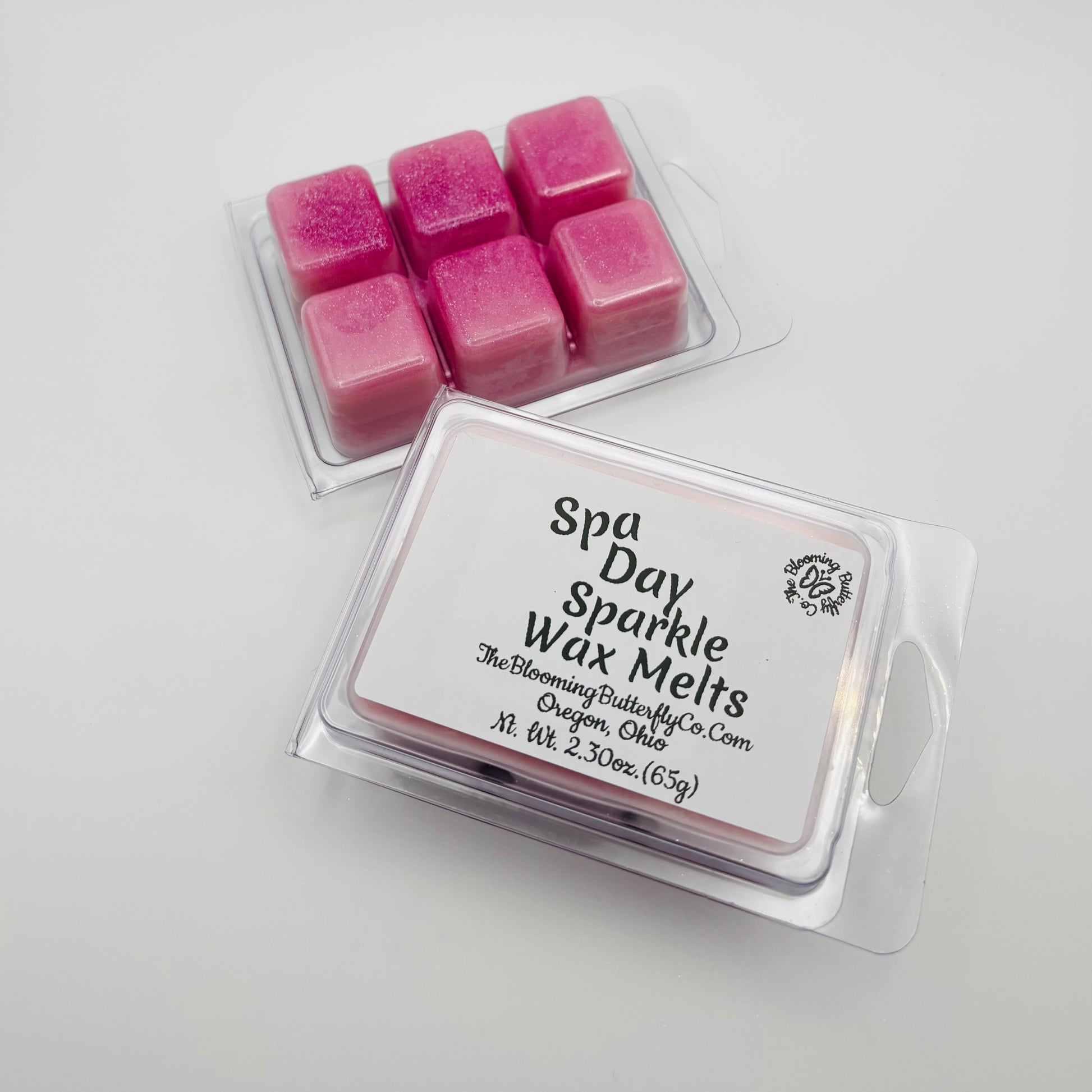 Spa day sparkle wax melts in a 6 pack clam shell with label made by the blooming butterfly company