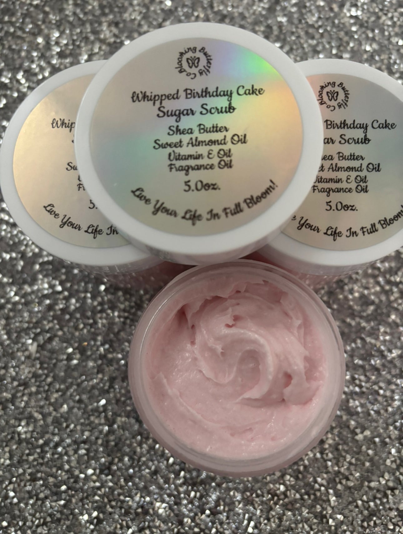Creamy, whipped birthday cake fragranced body scrub infused with shea butter and nourishing oils. 