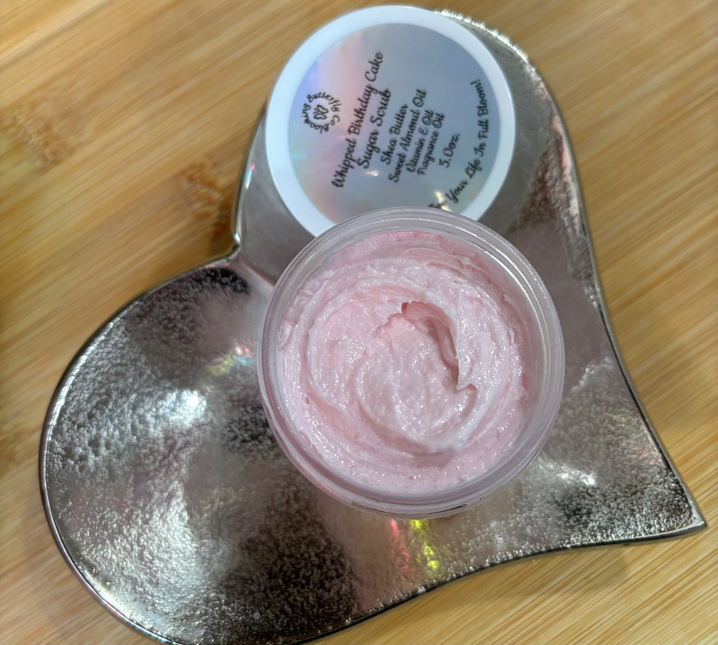 Creamy, whipped birthday cake fragranced body scrub infused with shea butter and nourishing oils. 