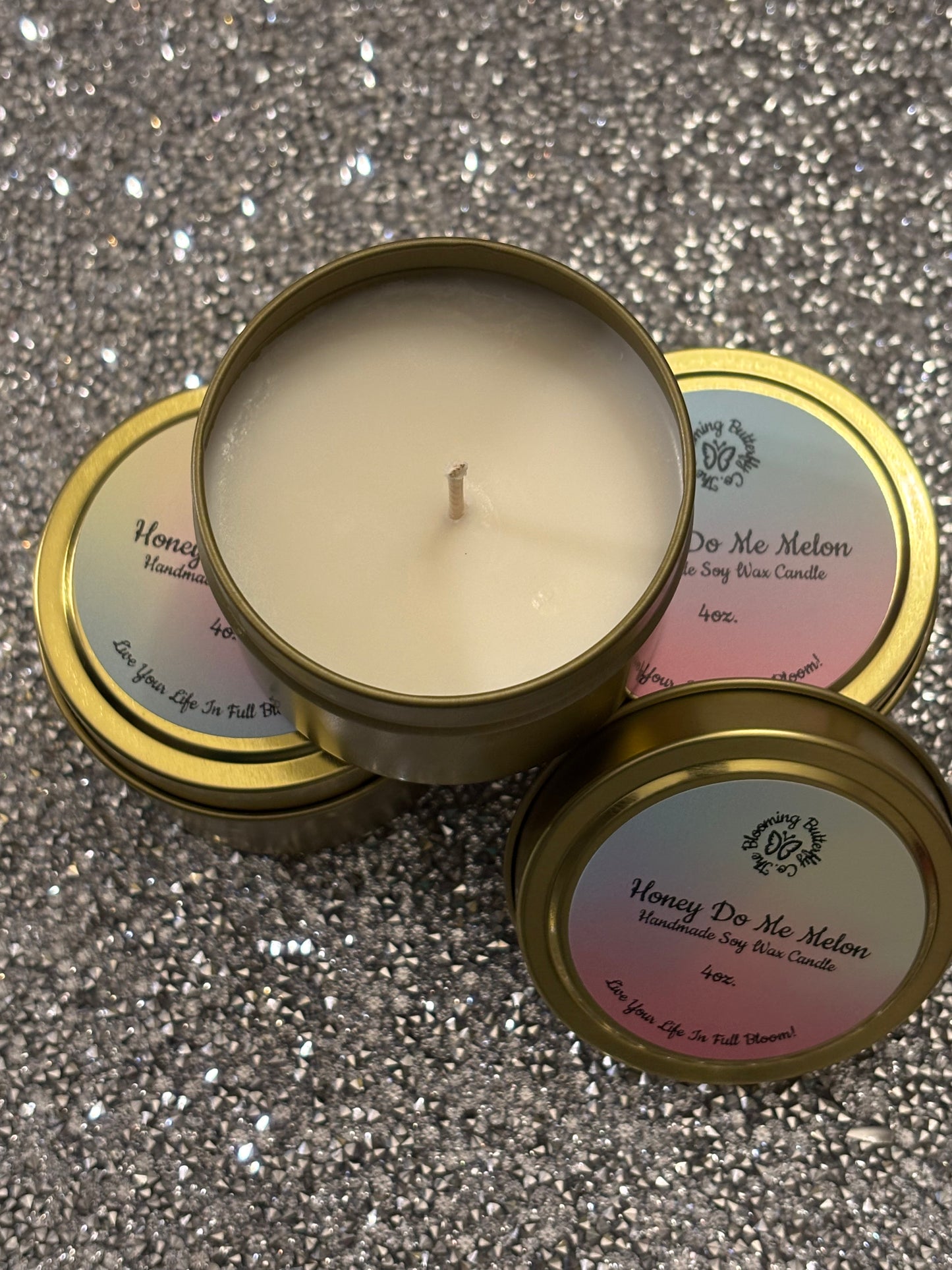 Honey Dew Melon soy wax candles hand poured into these gold 4 oz. tin vessels