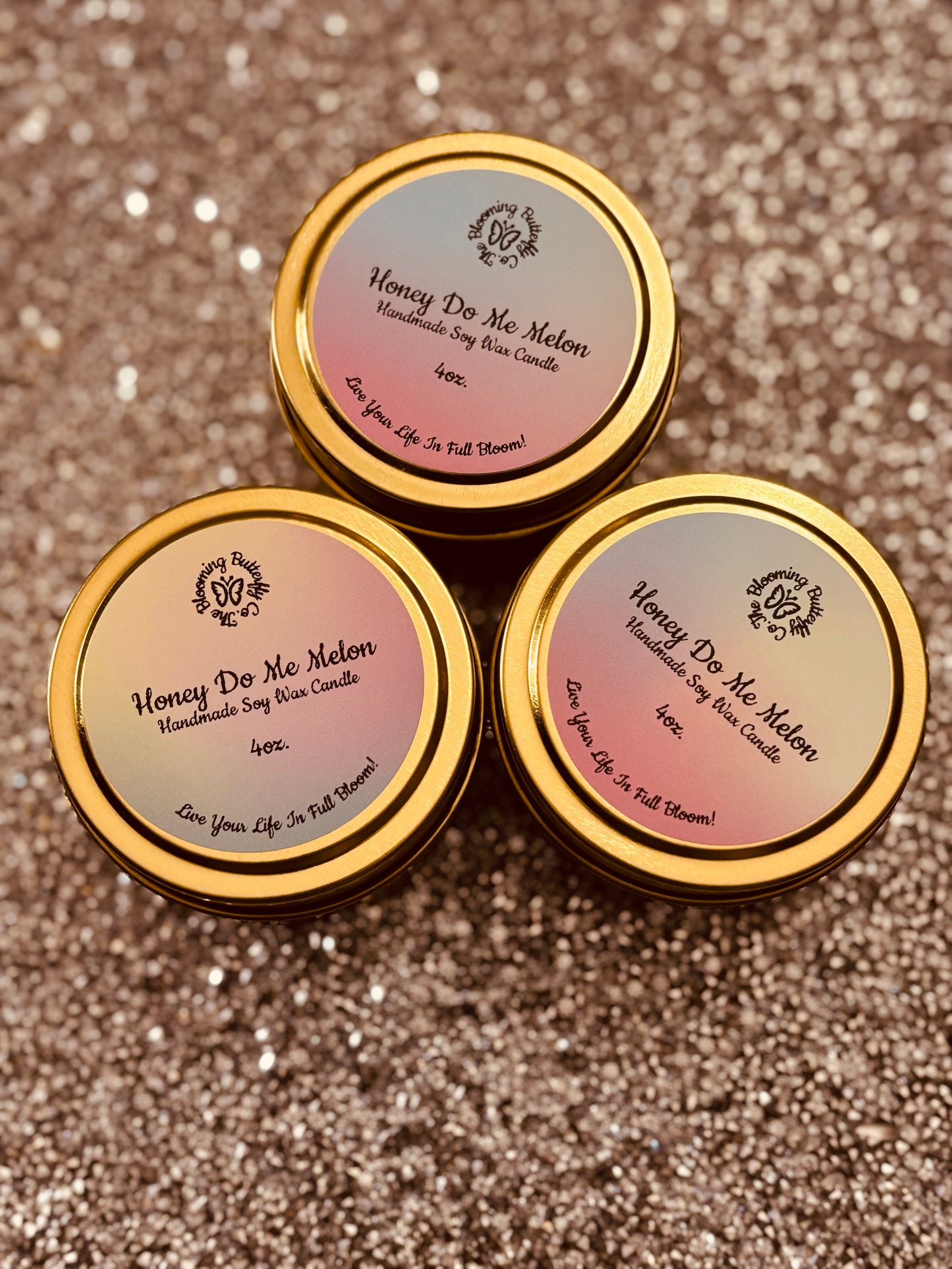 Honey Dew Melon soy wax candles hand poured into these gold 4 oz. tin vessels