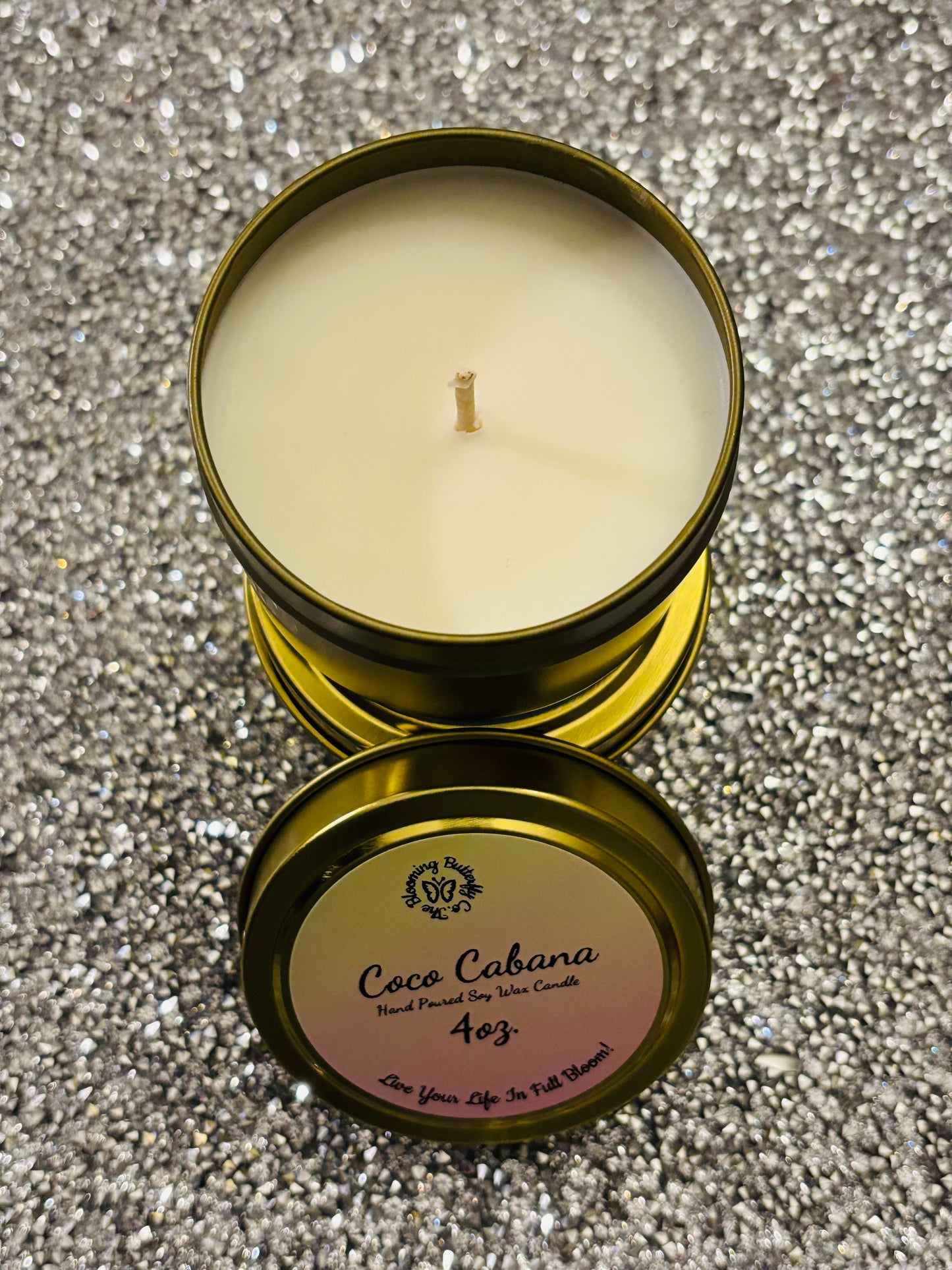 Coconut lime soy wax candle hand poured into this gold 4 oz. tin vessel