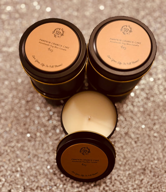 pumpkin soy wax candle hand poured into these decorative 4oz. tin vessels.