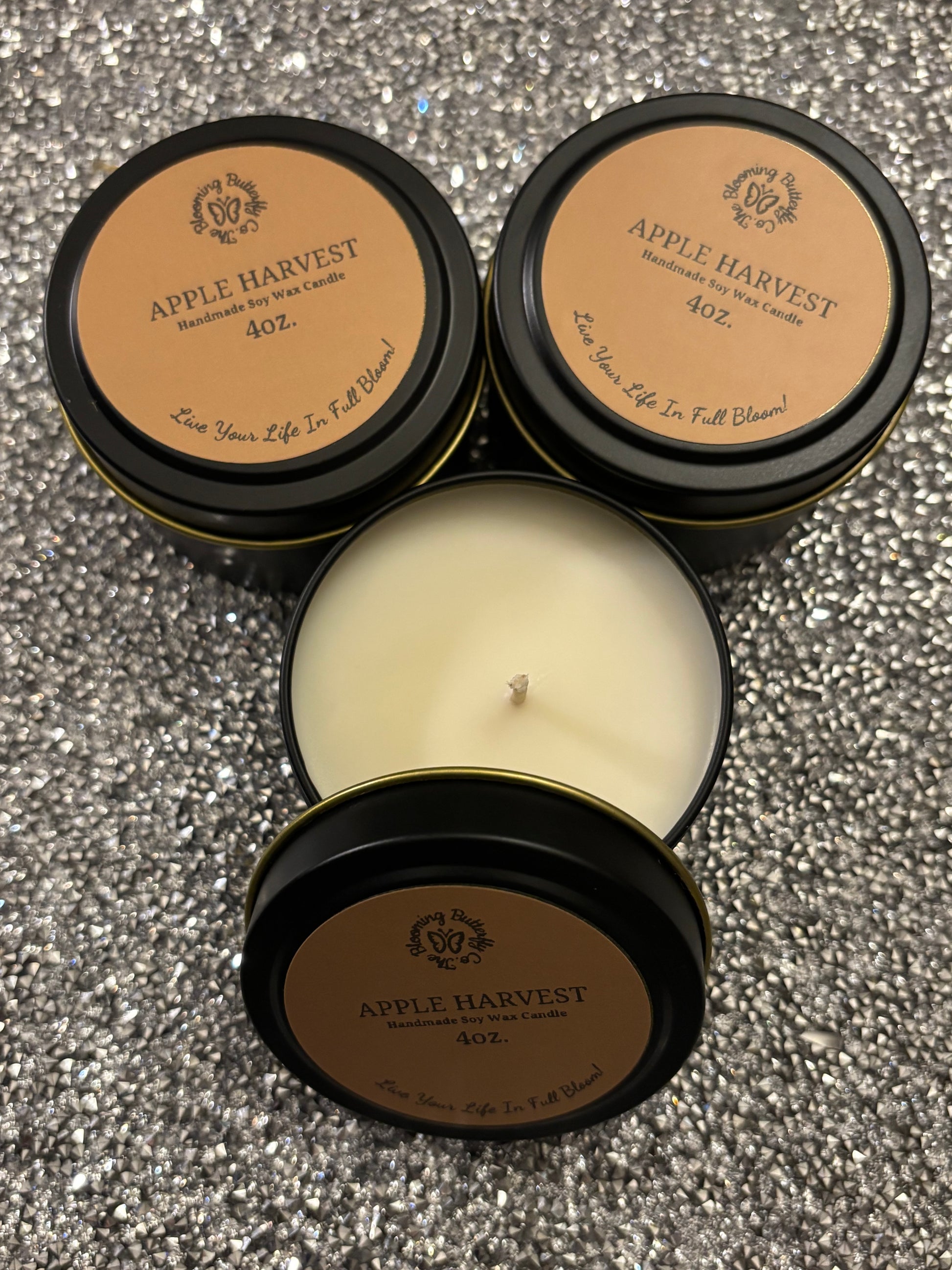 Apple Harvest soy wax candles in decorative 4oz. tin vessels