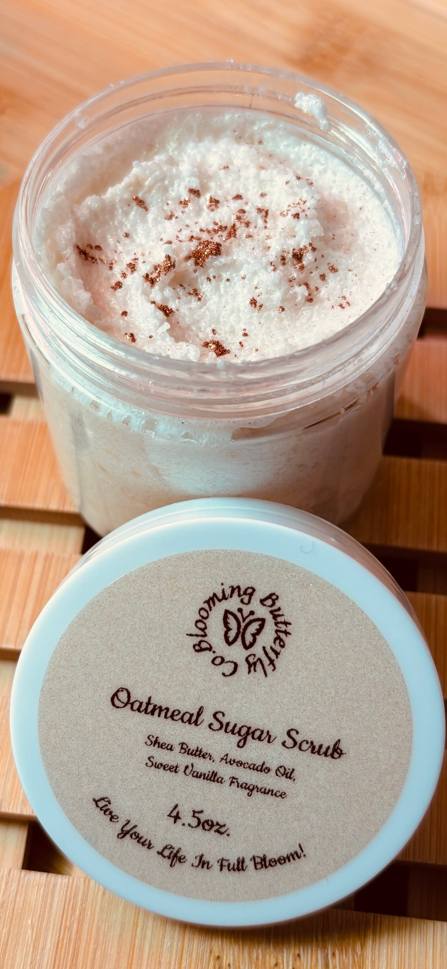 Oatmeal sugar scrub with shimmering bronze color and added oils to nourish and smooth your skin 
