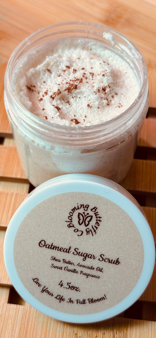 Oatmeal sugar scrub with shimmering bronze color and added oils to nourish and smooth your skin 