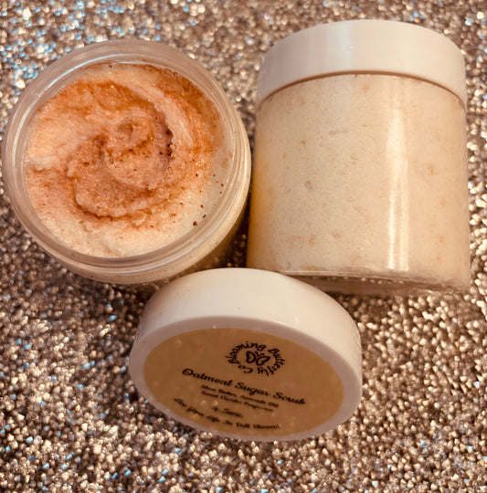 Oatmeal sugar scrub with shimmering bronze color and added oils to nourish and smooth your skin 