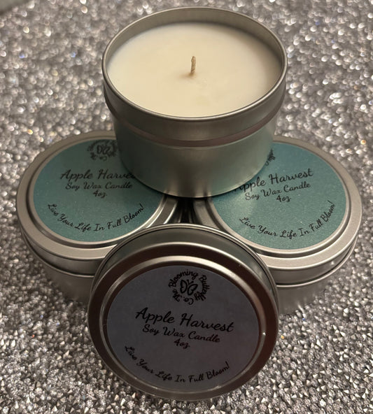 Apple Harvest soy wax candles in decorative 4oz. tin vessels with glittery labels