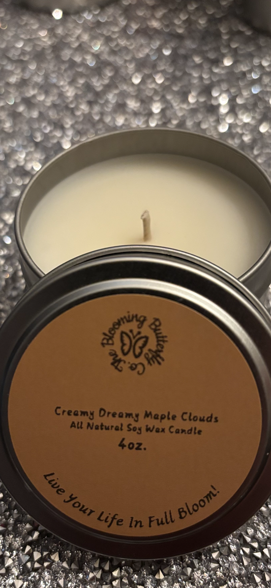 Maple fragranced soy wax candle in decorative 4oz. tin