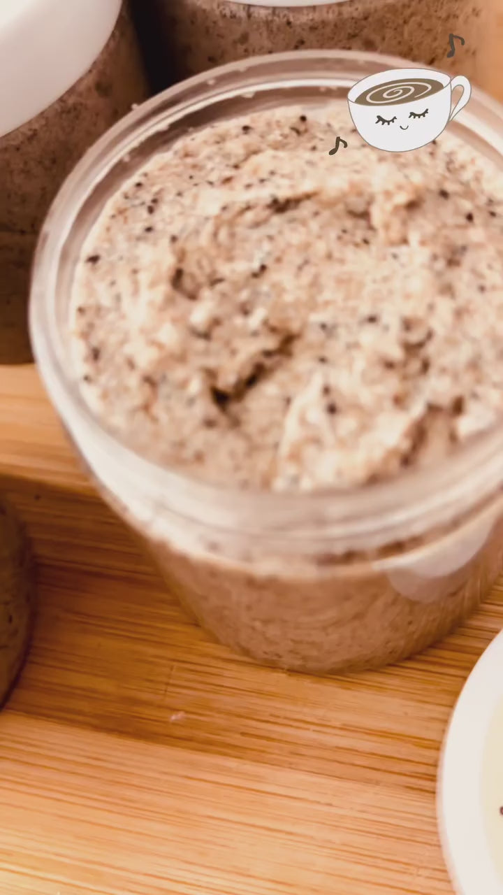 video of whipped coffee scrub with music in a clear jar with gold lid and label handcrafted by the blooming butterfly company
