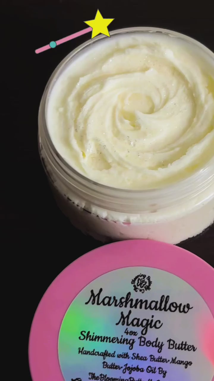 video of Marshmallow magic shimmering body butter handcrafted by the blooming butterfly company in Oregon Ohio